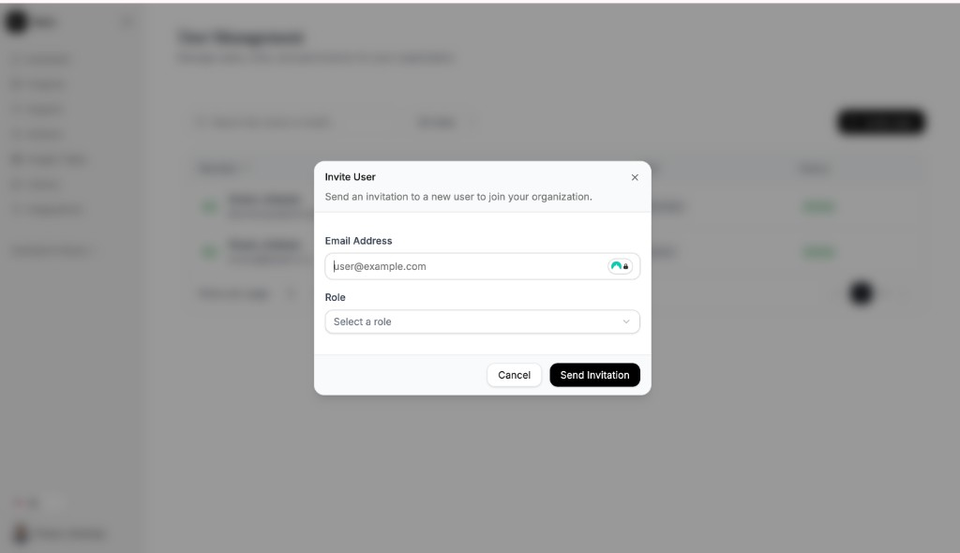 Invite User window with email and role fields