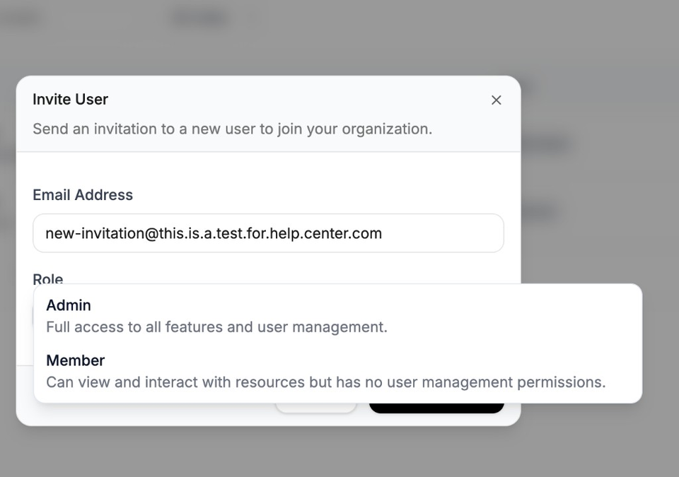 Invite User role dropdown showing Admin and Member