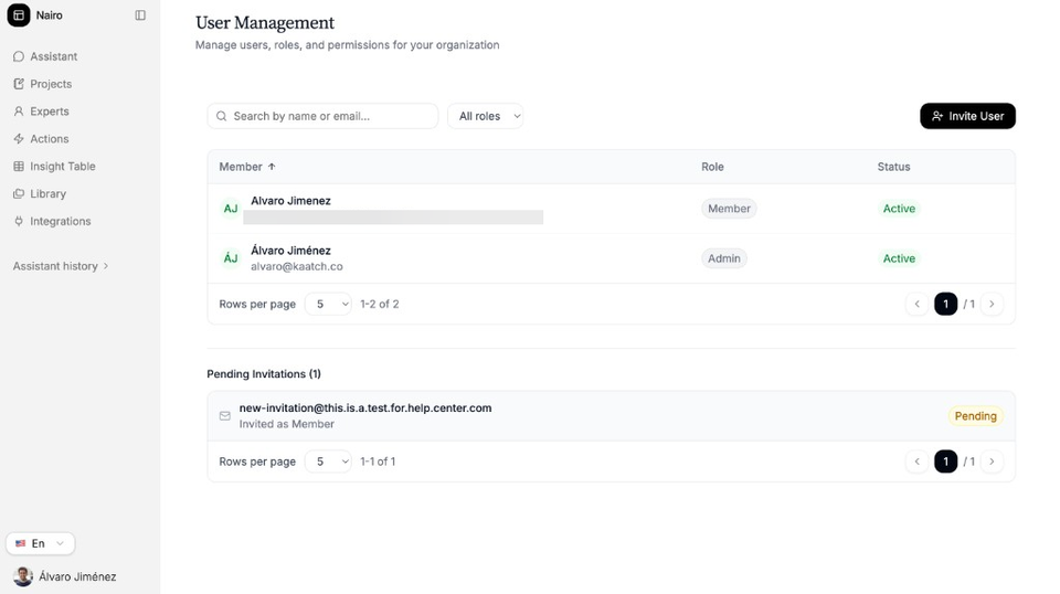 User Management page listing organisation members and roles