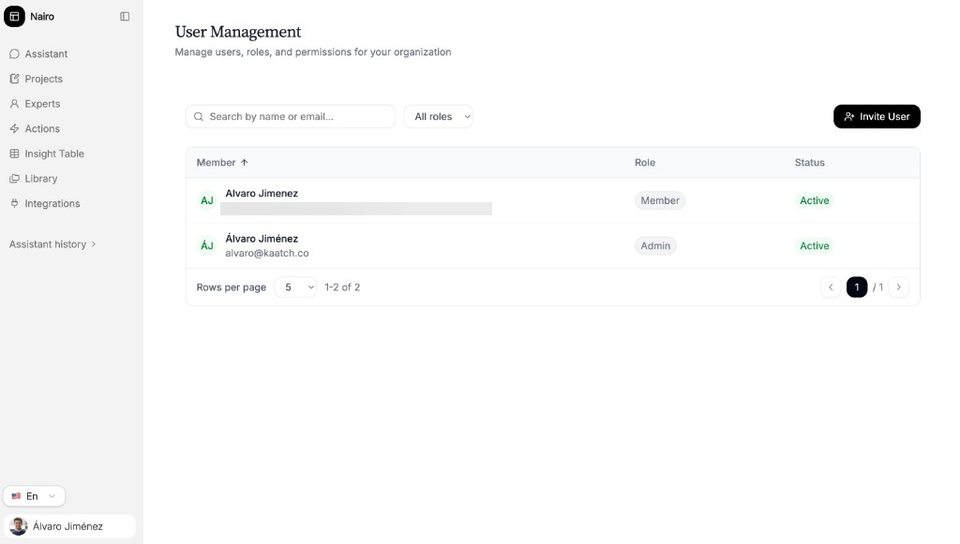 User Management members list with roles and status