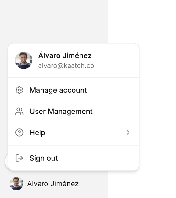 User menu with Manage account selected