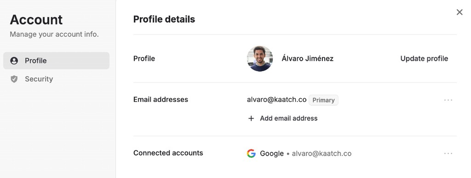 Profile details with name email and connected accounts