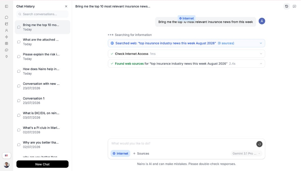 Chat History panel with search and conversation list