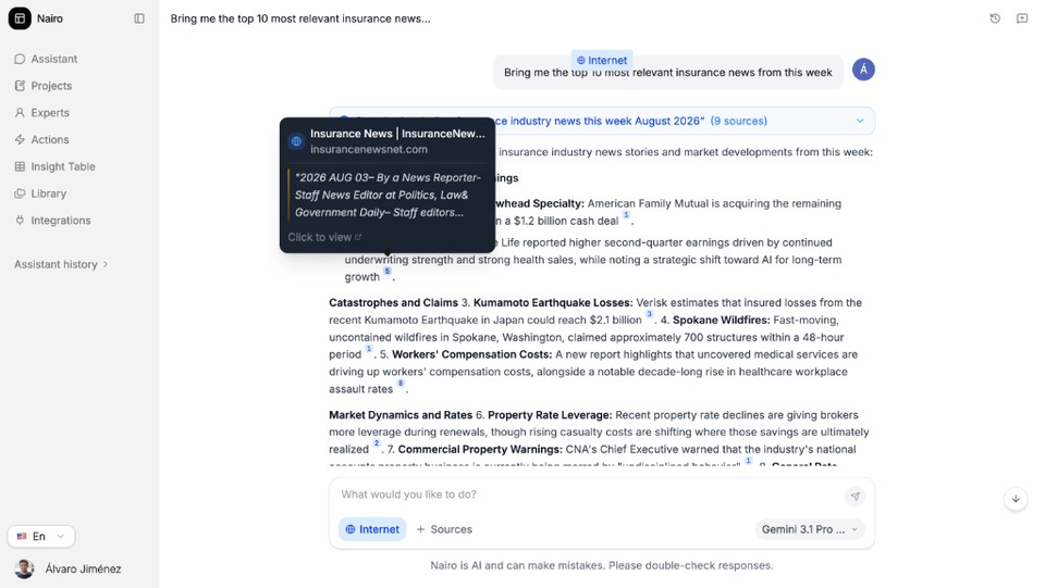 Assistant response with citations and a source preview