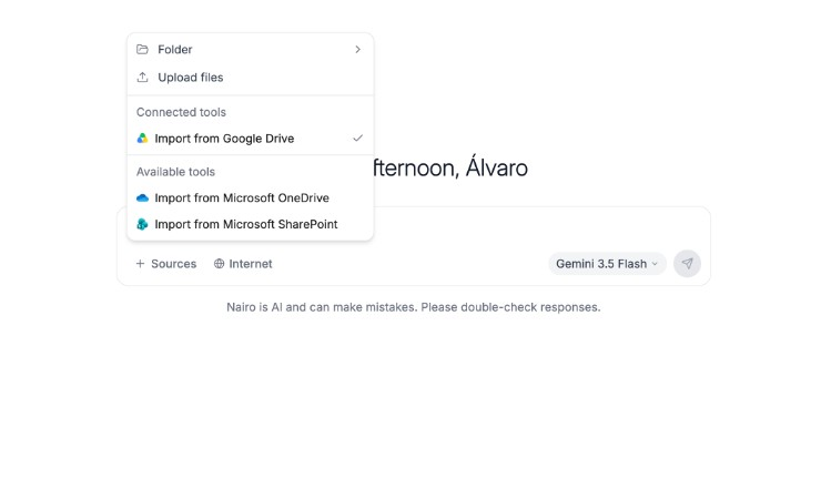 Sources menu with Upload files, Folder, and connected import options