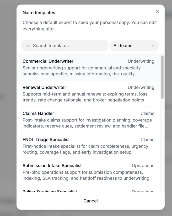 Nairo templates list filtered by team