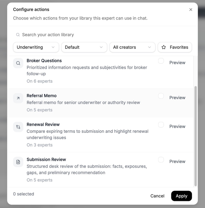 Configure actions modal listing underwriting workflows