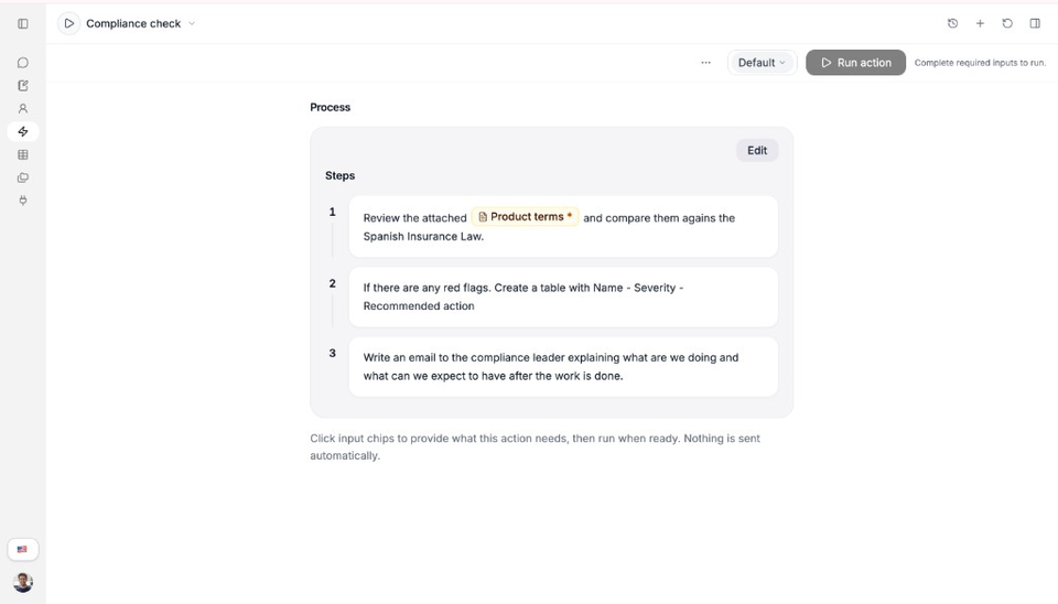 Action Process with required Product terms chip and Run action disabled