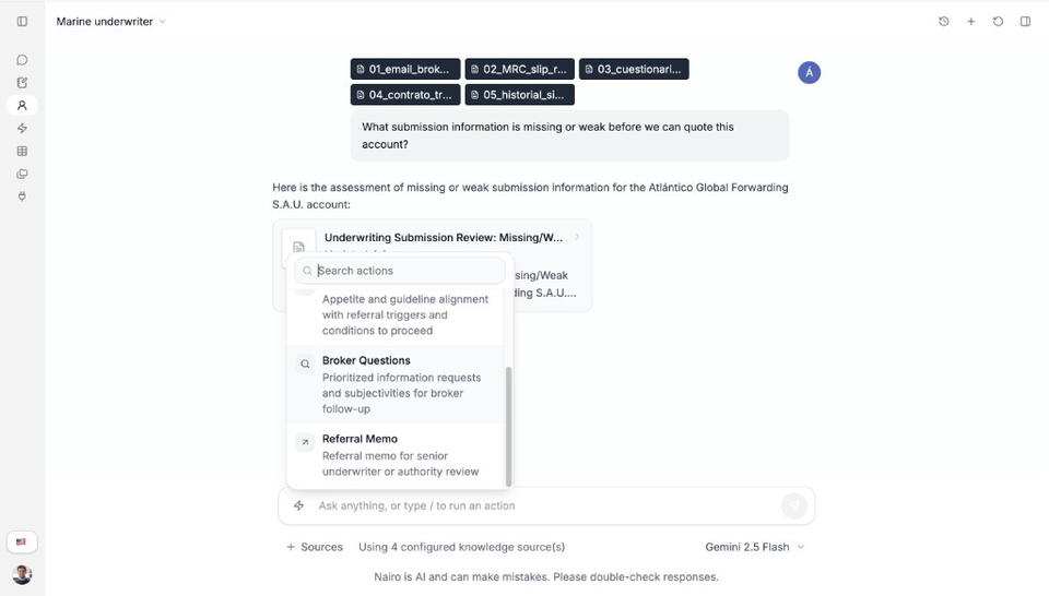 Search actions menu open in Expert chat