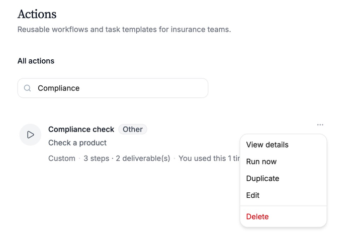 Action card menu with View details, Run now, Duplicate, Edit, and Delete