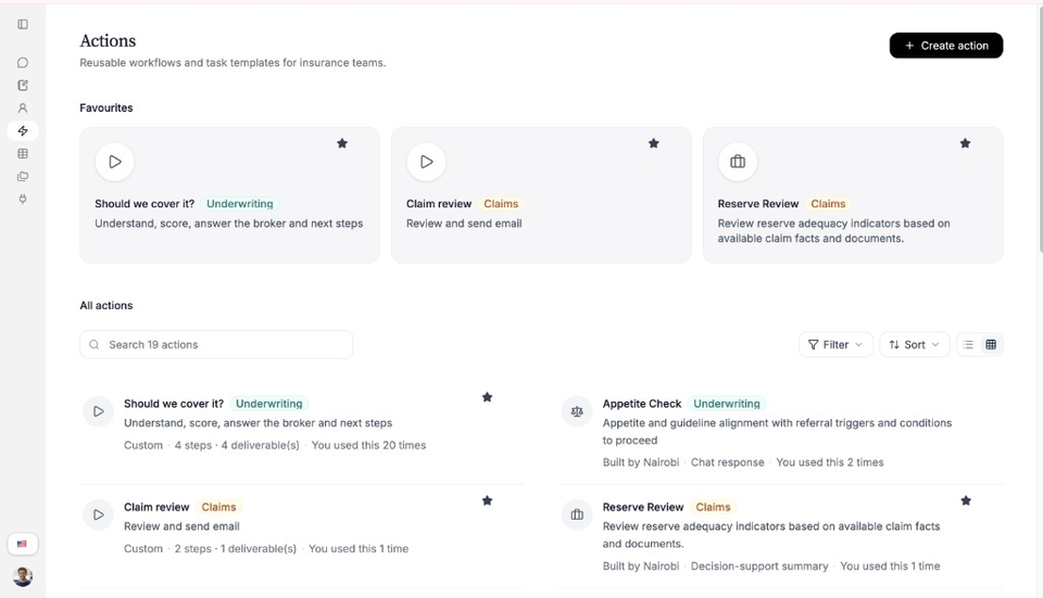 Actions page with Favourites and All actions list