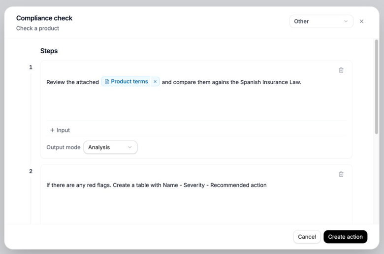 Create action modal with Steps and Product terms input