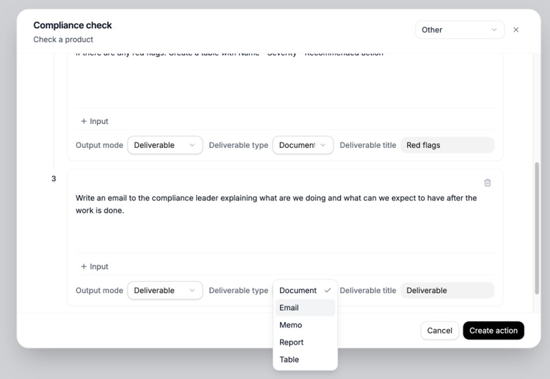Create action step with deliverable output options