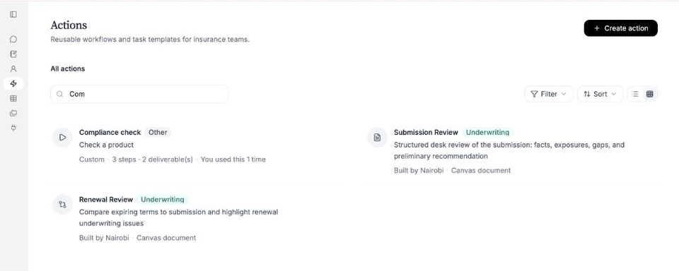 Actions library search field with matching results