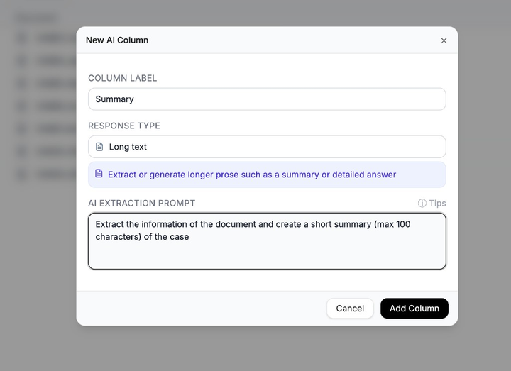 New AI Column window with label and prompt fields