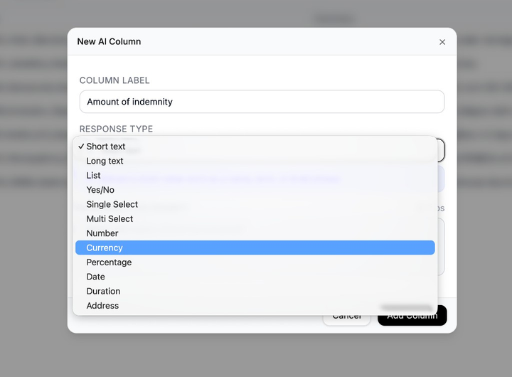 New AI Column response type menu open