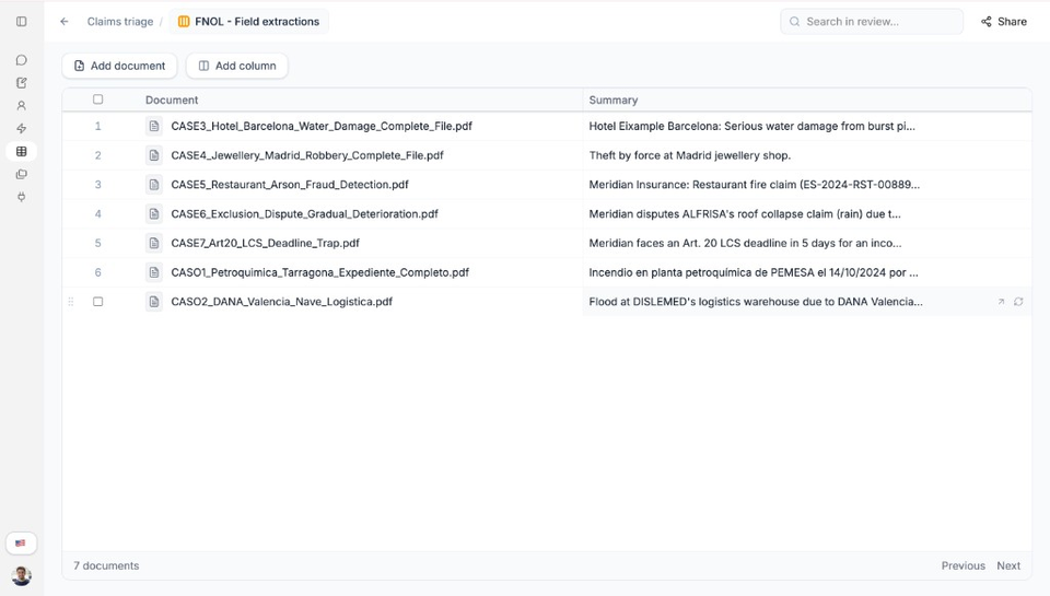 Insight Table grid with Document and Summary columns