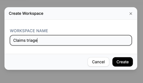 Create Workspace window with Workspace Name field