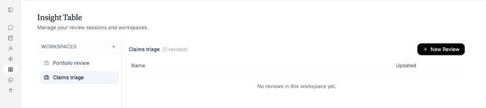 Insight Table workspace with no reviews yet
