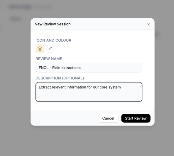 New Review Session window with Review Name field
