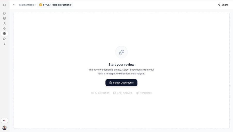 Empty review with Start your review and Select Documents