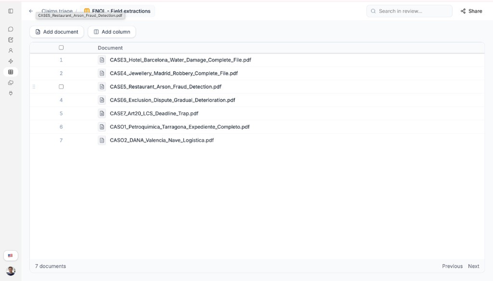 Insight Table grid with document rows added