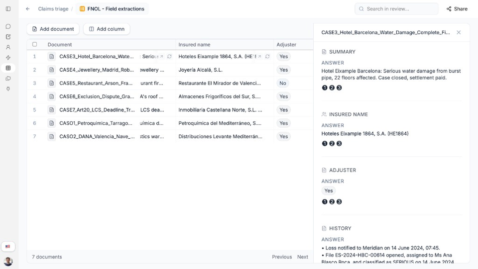 Detail panel showing Answer values and citation badges for a document