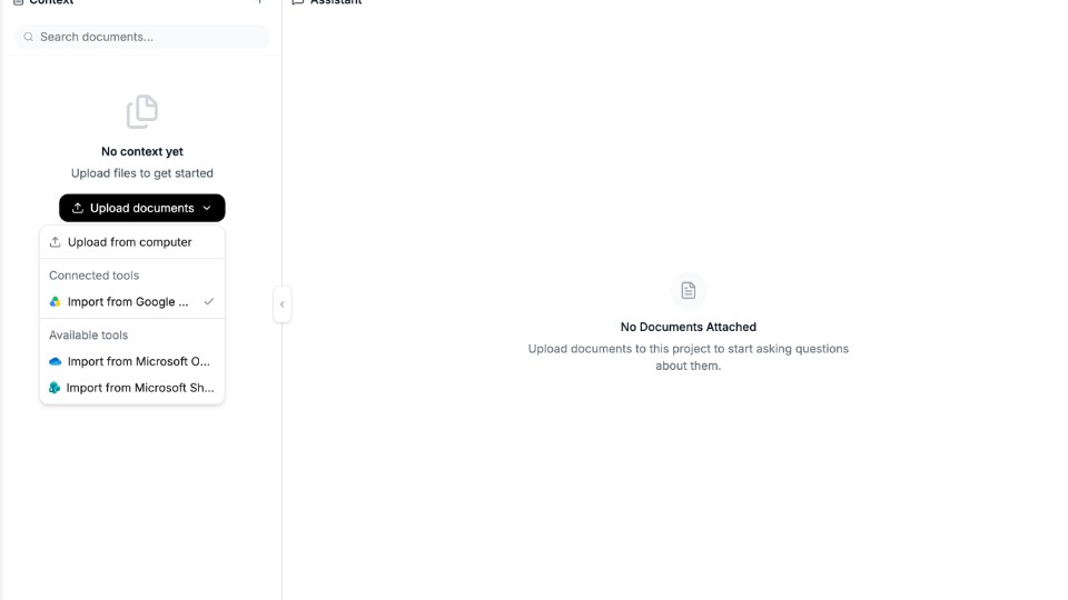 Project Context panel with Upload documents menu open
