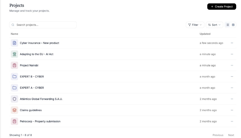Projects list with search field and project names
