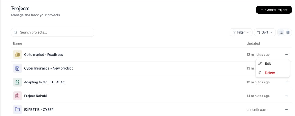 Projects list with Edit and Delete options open for a Project