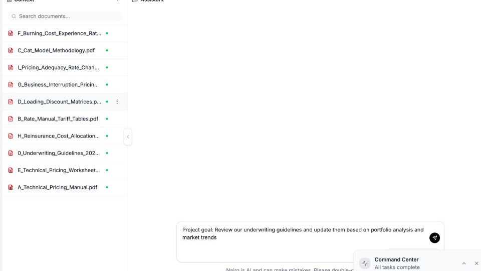 Project workspace with documents in Context and a question ready in Assistant