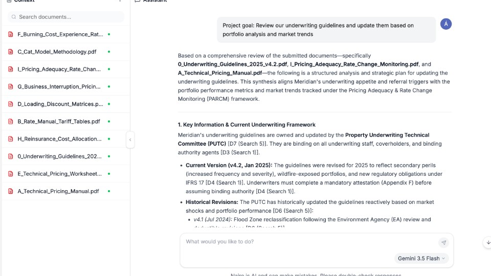 Project workspace showing Context documents and Assistant panels